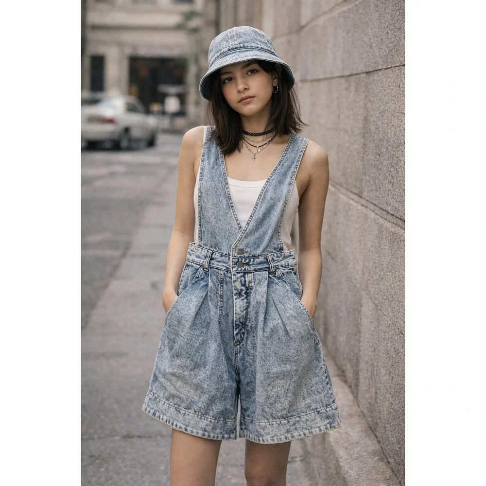 Vintage Jrs‎ 7 1980's Denim Short Overalls Acid Washed Pleated Long Grunge Punk